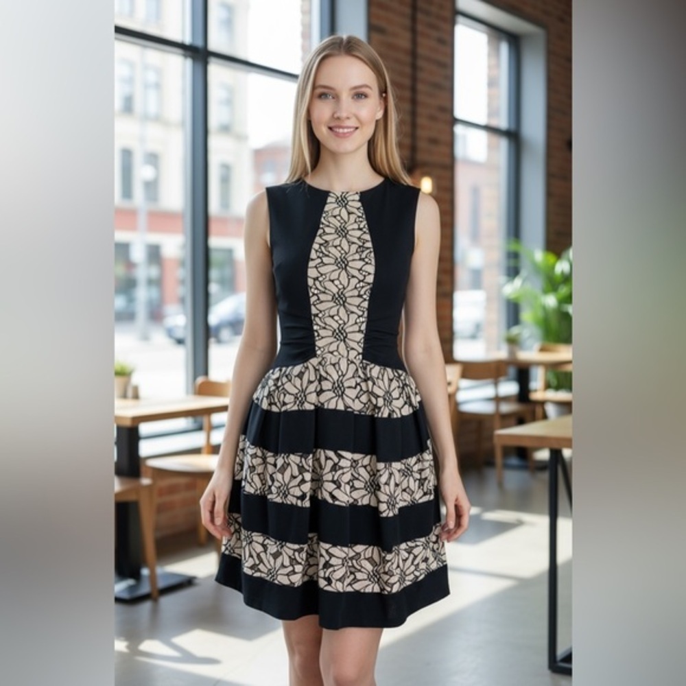 Eva Franco Black Gold Lace Panel Fit & Flare Cocktail Dress Women’s 0